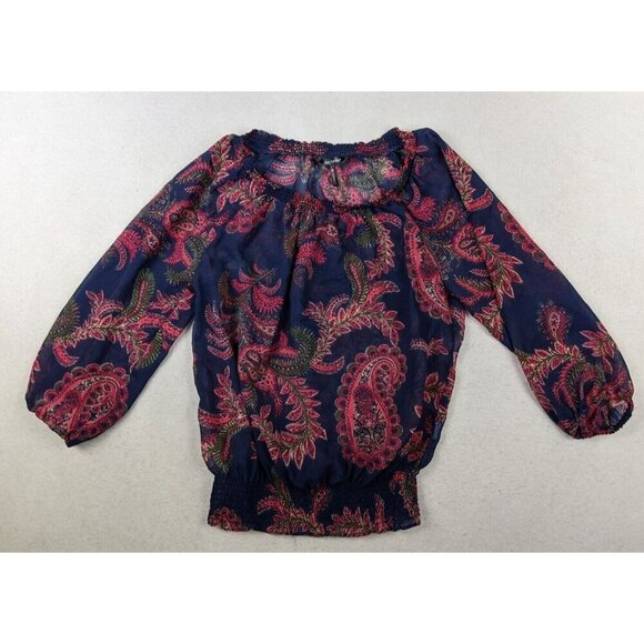 DAISY FUENTES - WOMEN'S SHEER BLUE & RED PRINT 3/4 SLEEVE PEASANT TOP - XS - Picture 1 of 5